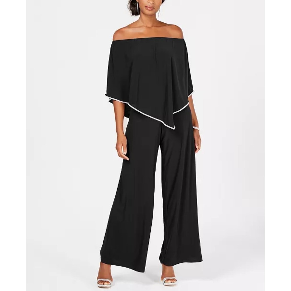 MSK Womens Black Off The Shoulder Rhinestone Trim Wide Leg Jumpsuit Size Small